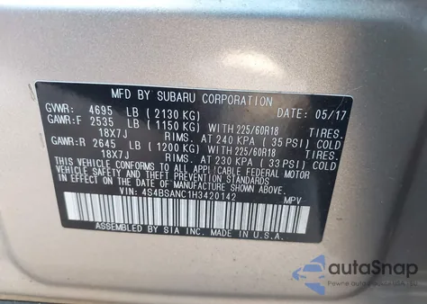 2017 Subaru Outback 2.5I Limited z USA, uszkodzony, nr VIN 4S4BSANC1H3420142